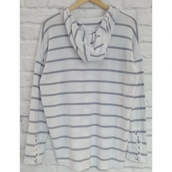 Chaser V-Neck Hoodie Hooded Sweatshirt Women's Large Gray White Striped Soft - Picture 2 of 4